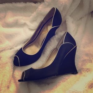 Nina Black and Gold Peep Toe Wedges